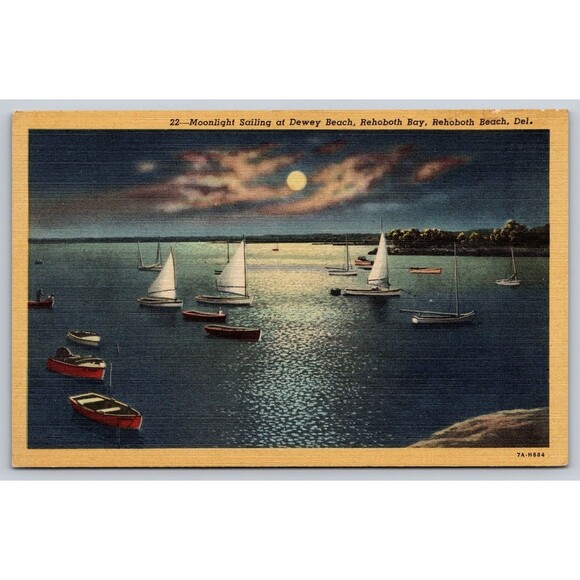 Postcard Delaware Rehoboth Bay Moonlight Sailing at Dewey Beach Sailboats c1940s - Picture 1 of 2
